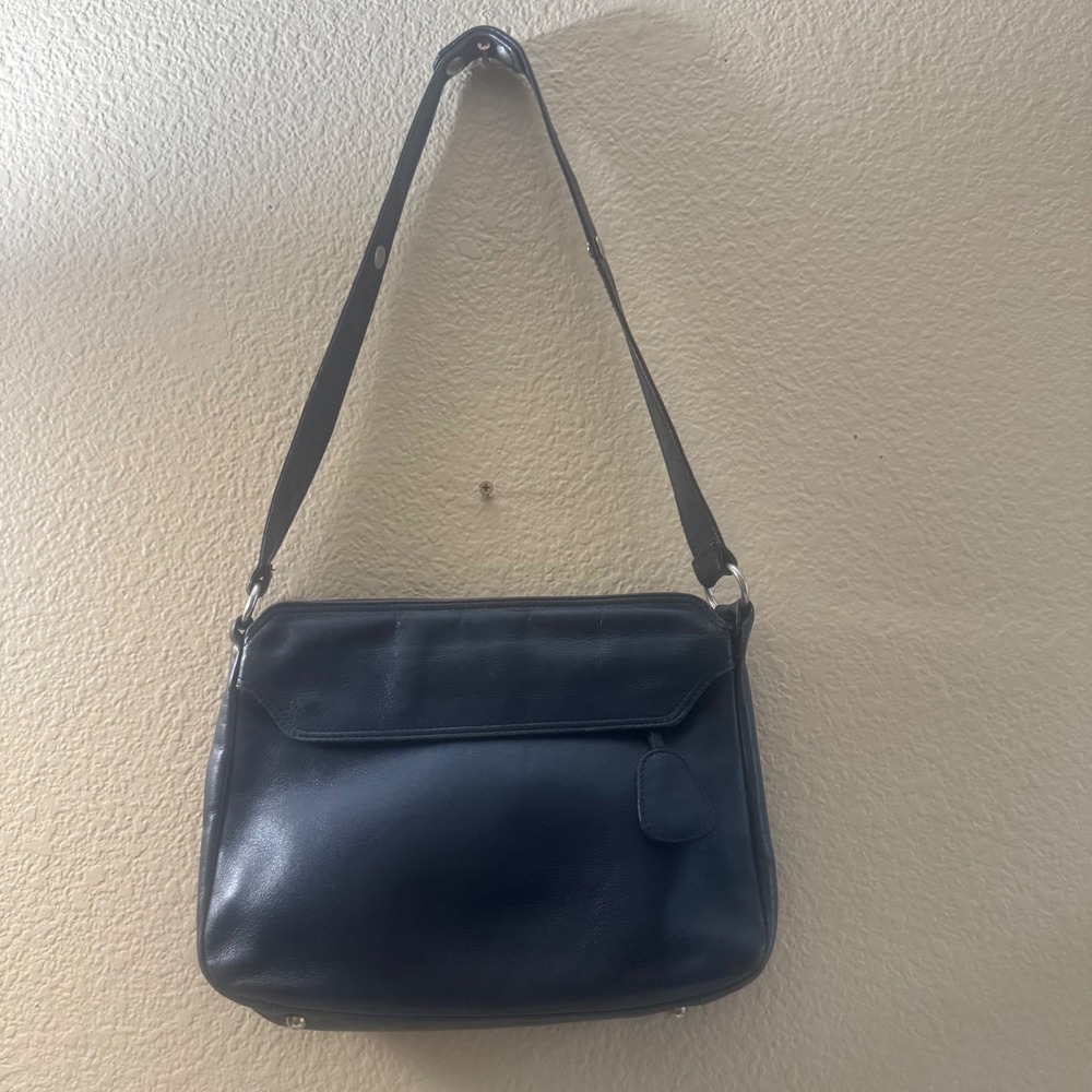 Vintage Ganson Black Leather Shoulder Bag 5 compartment Silver Hardware 1990's